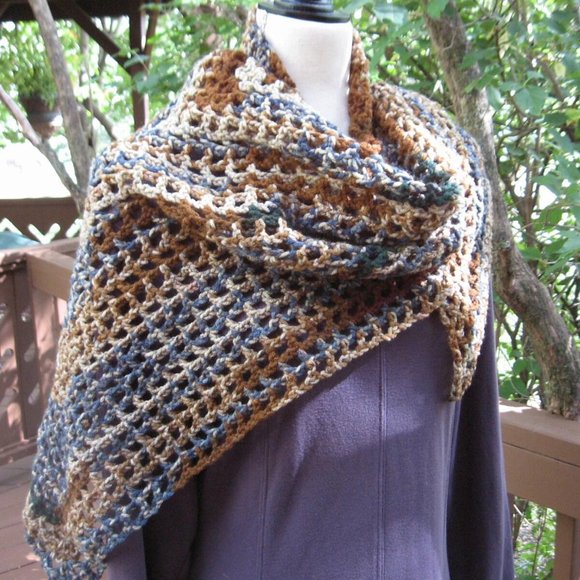 Crochet Boho Shawl Scarf, Bohemian Accessories Neutral Colored Hand Crochet - Picture 3 of 6